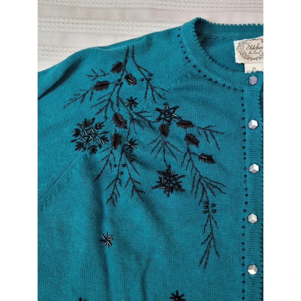 Stitches In Time Cardigan Sweater 2X Dark Turquiose Black Embellished Holiday - Picture 3 of 15